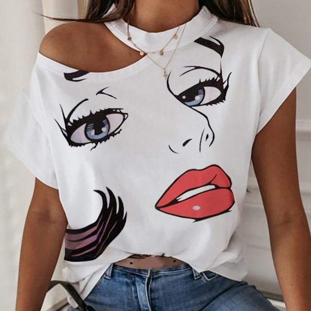 Women Elegant One Shoulder Butterfly Print Blouse Shirts 2020 Summer Sexy Irregular Pullovers Tops Ladies New Short Sleeve Blusa