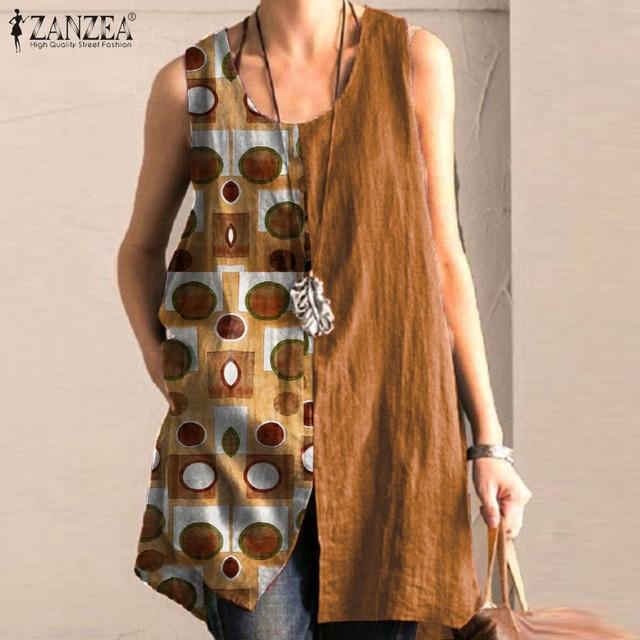 ZANZEA Summer Cotton Linen Blouse Women Sleeveless Tanks Tops Vintage Solid Loose Blusas Plus Size Tunic Split Shirt Female