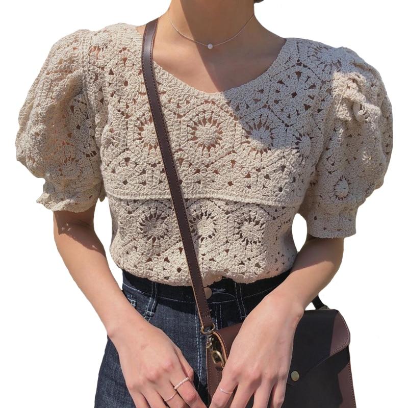 2020 New Vintage Summer Tops Women Puff sleeve Hollow out shirt Female Retro Perspective Lace blouse