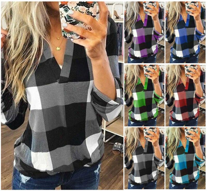 New Women V-Neck Check Lattice Plaid Shirt Tops Long Sleeve Lady Casual Loose Blouse Tops Plus Size S-3XL