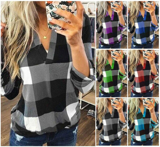 New Women V-Neck Check Lattice Plaid Shirt Tops Long Sleeve Lady Casual Loose Blouse Tops Plus Size S-3XL