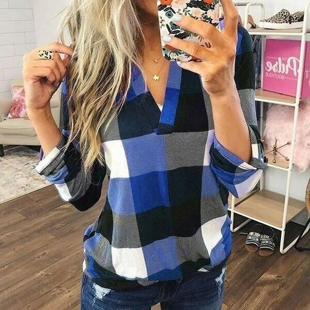 New Women V-Neck Check Lattice Plaid Shirt Tops Long Sleeve Lady Casual Loose Blouse Tops Plus Size S-3XL