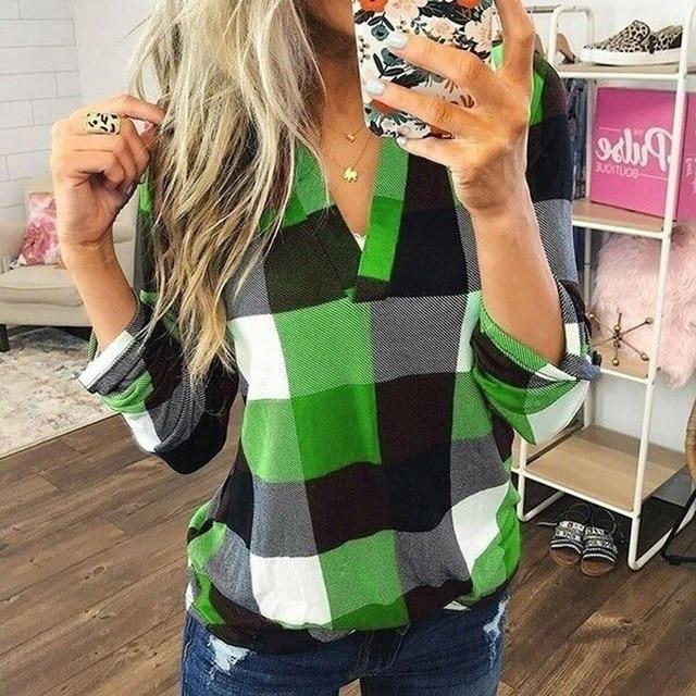 New Women V-Neck Check Lattice Plaid Shirt Tops Long Sleeve Lady Casual Loose Blouse Tops Plus Size S-3XL
