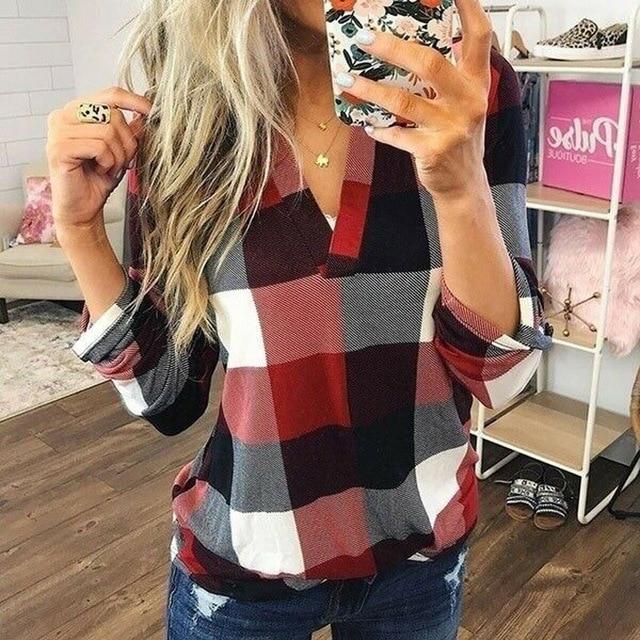 New Women V-Neck Check Lattice Plaid Shirt Tops Long Sleeve Lady Casual Loose Blouse Tops Plus Size S-3XL