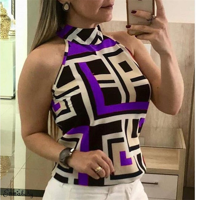 2020 Sexy New Summer Women's Sleeveless  Casual Shirt High Collar Hanging Neck Slim Commuter Shirt Five Colors Sizes S-XXL
