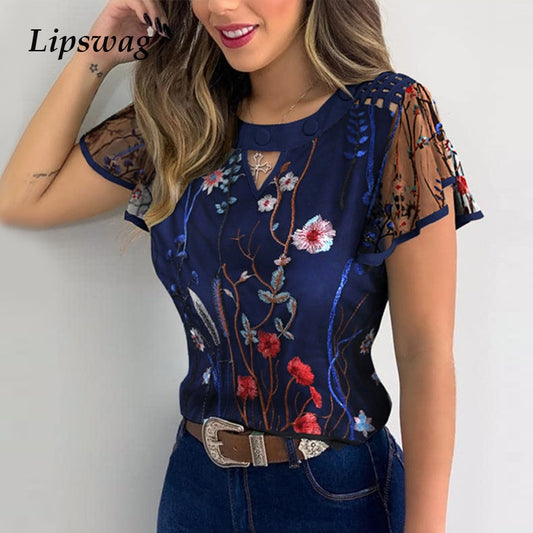 Summer Hollow Out Lace Casual blouse shirts Women Elegant Butterfly Daisy Print Ruffle Tops Short Sleeves O Neck Pullover Blusa