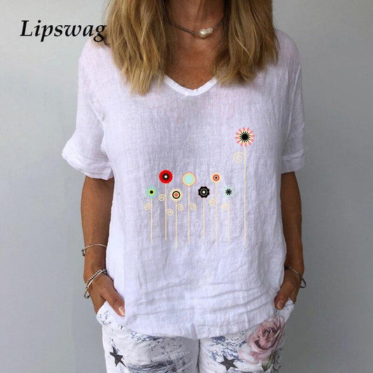 Elegant Linen Cotton Women Loose Shirt Summer V Neck Short Sleeve Blouse Shirts Casual Floral Print Ladies Tops Blusa Pullovers