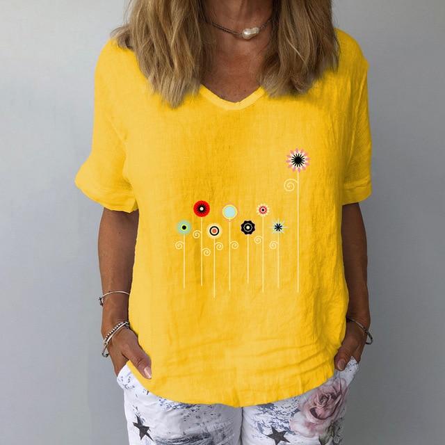 Elegant Linen Cotton Women Loose Shirt Summer V Neck Short Sleeve Blouse Shirts Casual Floral Print Ladies Tops Blusa Pullovers