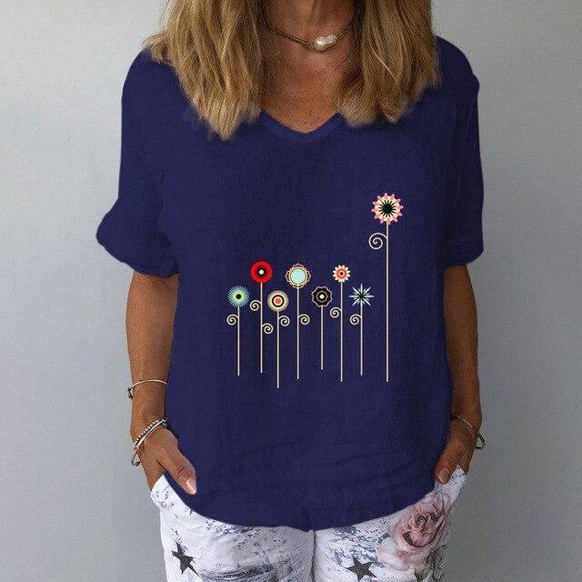 Elegant Linen Cotton Women Loose Shirt Summer V Neck Short Sleeve Blouse Shirts Casual Floral Print Ladies Tops Blusa Pullovers