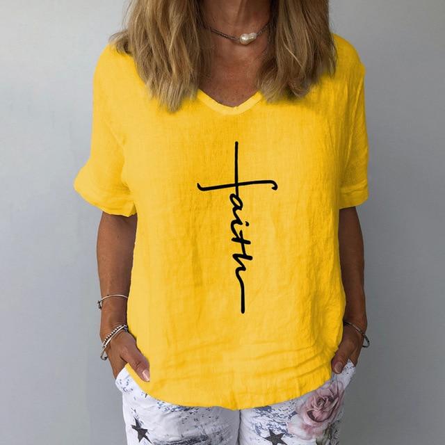 Elegant Linen Cotton Women Loose Shirt Summer V Neck Short Sleeve Blouse Shirts Casual Floral Print Ladies Tops Blusa Pullovers