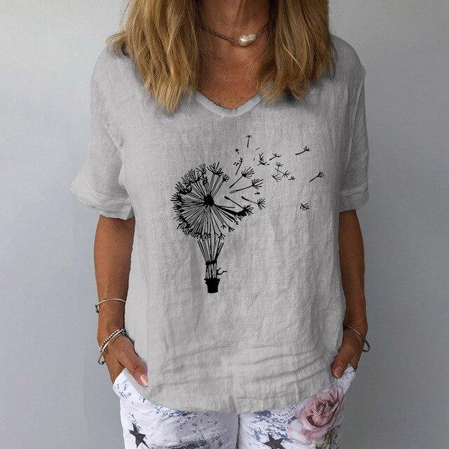 Elegant Linen Cotton Women Loose Shirt Summer V Neck Short Sleeve Blouse Shirts Casual Floral Print Ladies Tops Blusa Pullovers