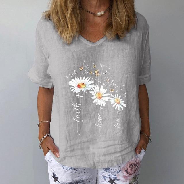 Elegant Linen Cotton Women Loose Shirt Summer V Neck Short Sleeve Blouse Shirts Casual Floral Print Ladies Tops Blusa Pullovers