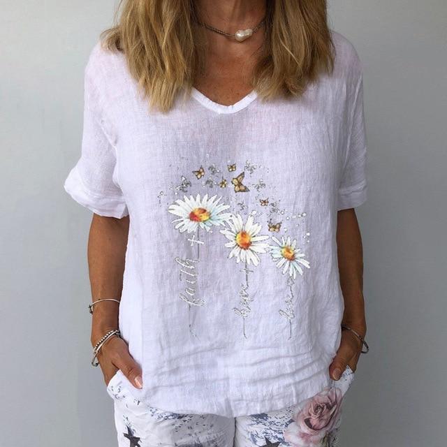 Elegant Linen Cotton Women Loose Shirt Summer V Neck Short Sleeve Blouse Shirts Casual Floral Print Ladies Tops Blusa Pullovers