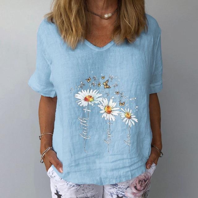 Elegant Linen Cotton Women Loose Shirt Summer V Neck Short Sleeve Blouse Shirts Casual Floral Print Ladies Tops Blusa Pullovers