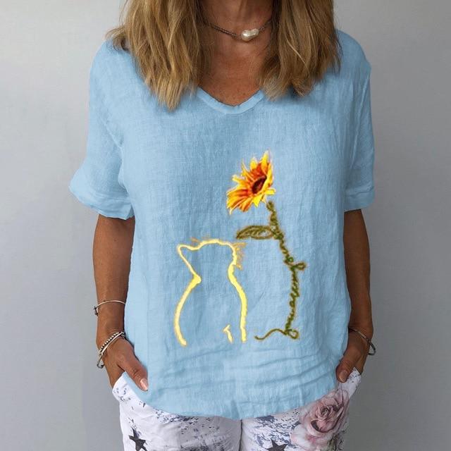 Elegant Linen Cotton Women Loose Shirt Summer V Neck Short Sleeve Blouse Shirts Casual Floral Print Ladies Tops Blusa Pullovers