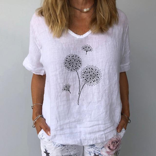 Elegant Linen Cotton Women Loose Shirt Summer V Neck Short Sleeve Blouse Shirts Casual Floral Print Ladies Tops Blusa Pullovers