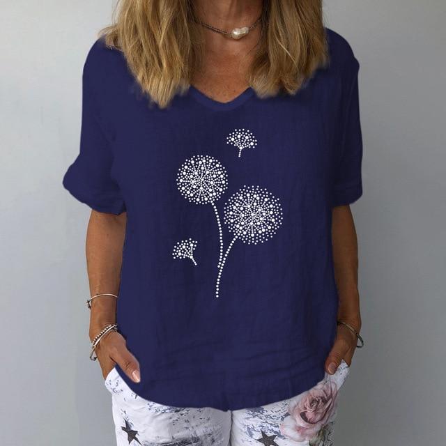 Elegant Linen Cotton Women Loose Shirt Summer V Neck Short Sleeve Blouse Shirts Casual Floral Print Ladies Tops Blusa Pullovers