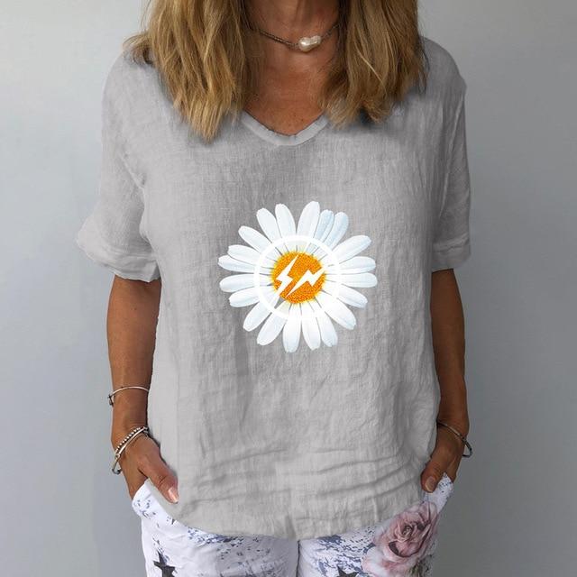Elegant Linen Cotton Women Loose Shirt Summer V Neck Short Sleeve Blouse Shirts Casual Floral Print Ladies Tops Blusa Pullovers