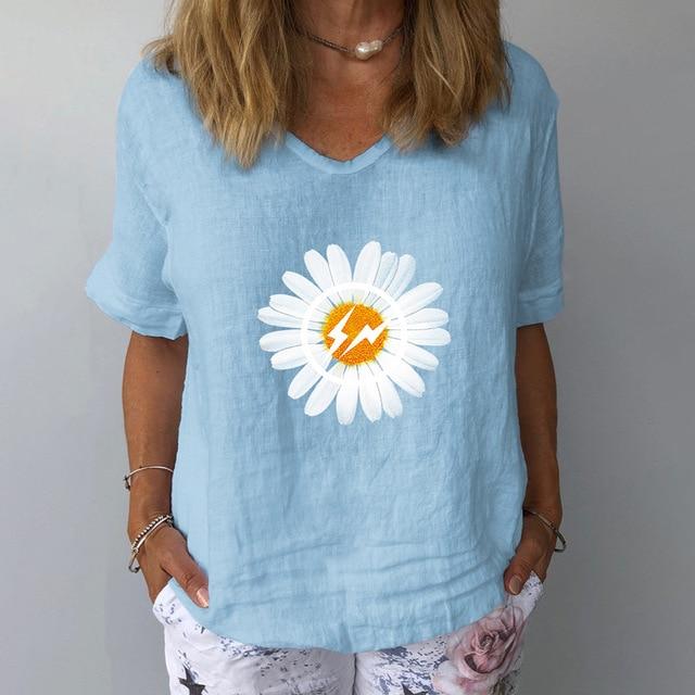 Elegant Linen Cotton Women Loose Shirt Summer V Neck Short Sleeve Blouse Shirts Casual Floral Print Ladies Tops Blusa Pullovers