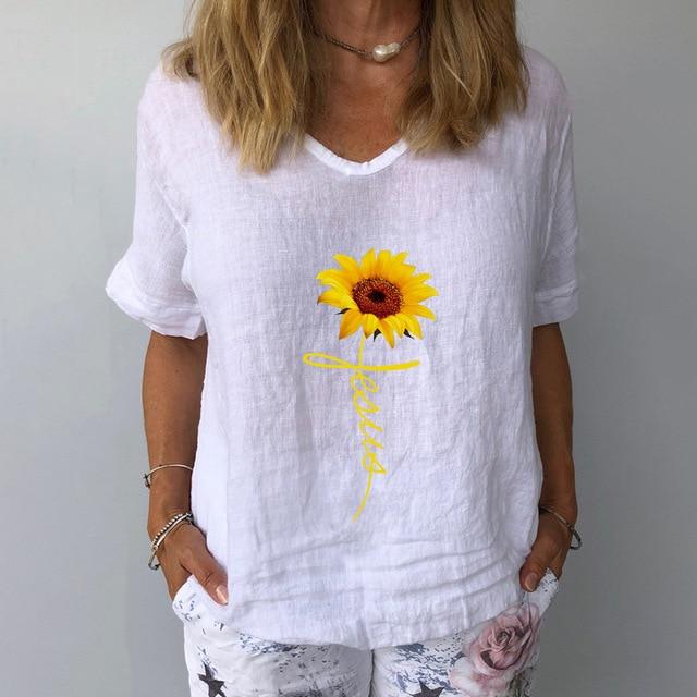 Elegant Linen Cotton Women Loose Shirt Summer V Neck Short Sleeve Blouse Shirts Casual Floral Print Ladies Tops Blusa Pullovers