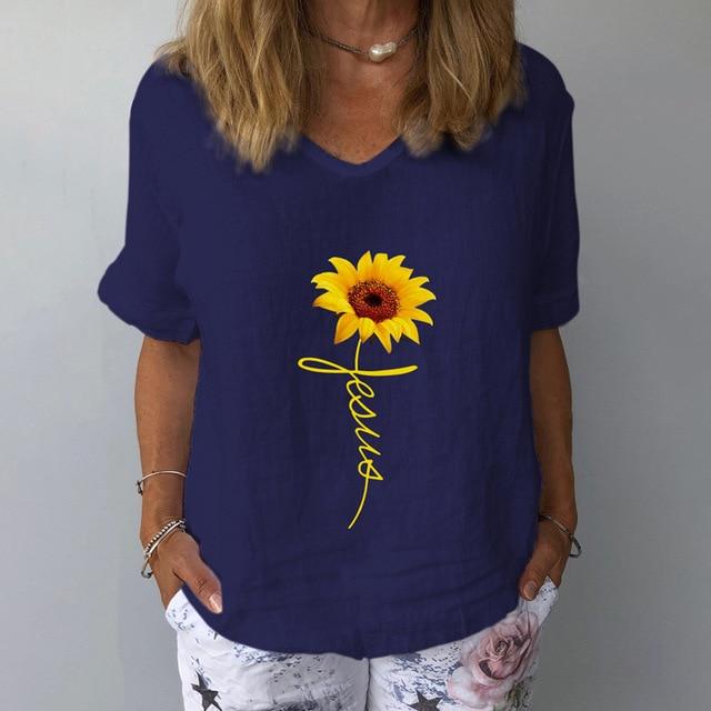 Elegant Linen Cotton Women Loose Shirt Summer V Neck Short Sleeve Blouse Shirts Casual Floral Print Ladies Tops Blusa Pullovers