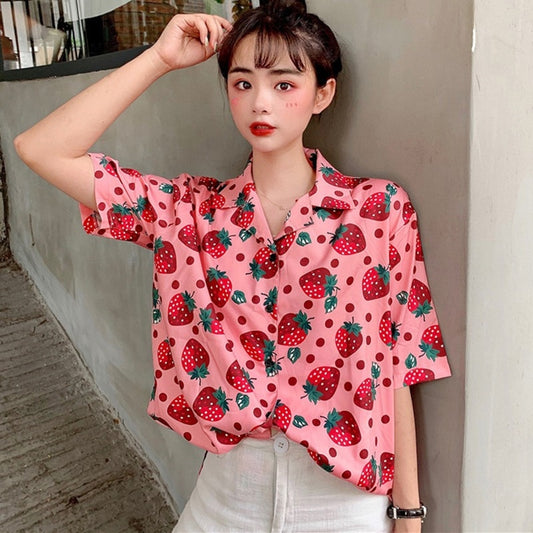 New Women Blouses Holiday Casual Short Sleeve Tops Ladies Strawberry Printed Shirt Korean Summer Fashion Women Clothing