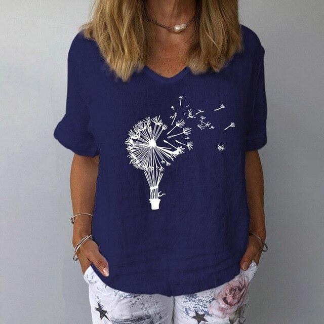 Women Elegant Dandelion Print Cotton Linen Blouse Shirt Summer V-Neck Short Sleeve Tops Casual Plus Size Loose Streetwear Blusa