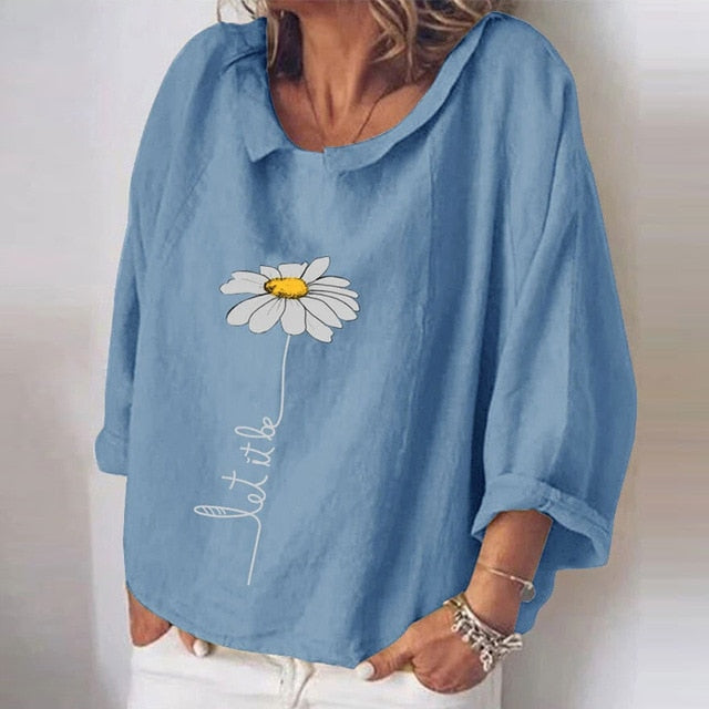 Women Autumn Long Sleeve Cotton Linen Blouse Shirts Elegant Floral Print Female Tops Ladies Casual Plus Size Streetwear Blouses