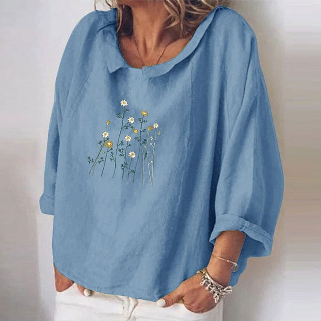 Women Autumn Long Sleeve Cotton Linen Blouse Shirts Elegant Floral Print Female Tops Ladies Casual Plus Size Streetwear Blouses