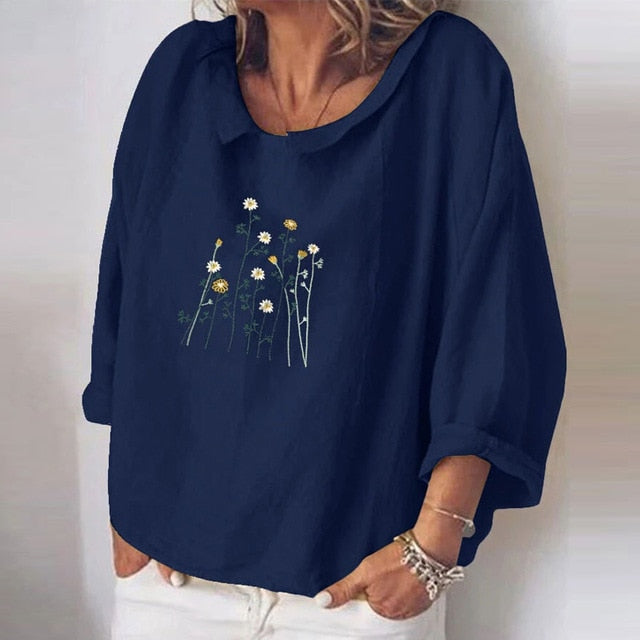 Women Autumn Long Sleeve Cotton Linen Blouse Shirts Elegant Floral Print Female Tops Ladies Casual Plus Size Streetwear Blouses