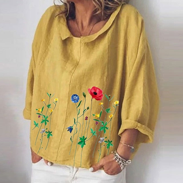 Women Autumn Long Sleeve Cotton Linen Blouse Shirts Elegant Floral Print Female Tops Ladies Casual Plus Size Streetwear Blouses