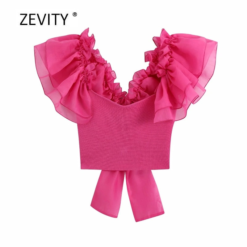 women fashion transparent organza pleat ruffles patchwork knitting short smock blouse back bow tie chic shirt female tops LS6952