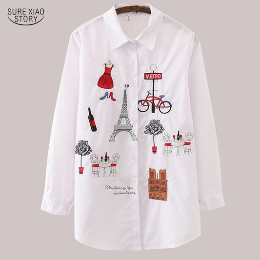 New White Women Blouse 19 Long Sleeve Cotton Embroidery Blouse Lady Casual Button Design Turn Down Collar Female Shirt  5083 50