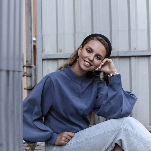 Vintage Lantern Sleeve Autumn Winter Thicken Women Shirt Blouses Single Breasted Blouse Female Loose Shirts Tops blusas mujer