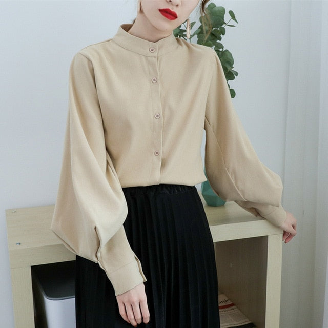 Vintage Lantern Sleeve Autumn Winter Thicken Women Shirt Blouses Single Breasted Blouse Female Loose Shirts Tops blusas mujer