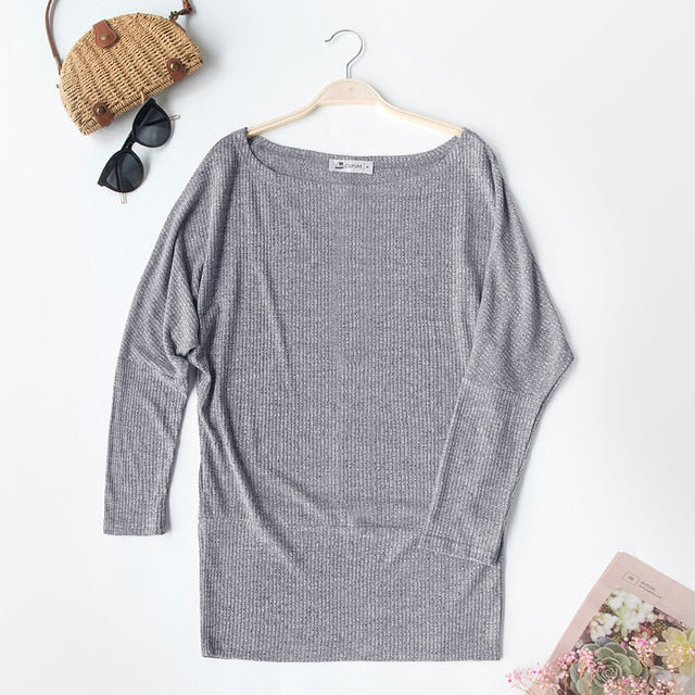 CUPSHE Gray Off-The-Shoulder Top Sexy Women Long Batwing Sleeve Shirt Tops Blouses 2020 Autumn Winter Girls Casual Pullover