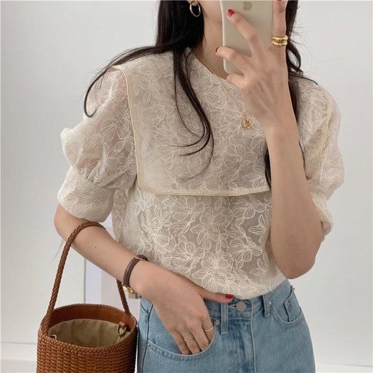 Alien Kitty Navy Style Lapel Embroidery Lace Cute 2020 Women Blouses Chic Lady Gentle Half Sleeves Sweet Girls Loose Shirt Tops