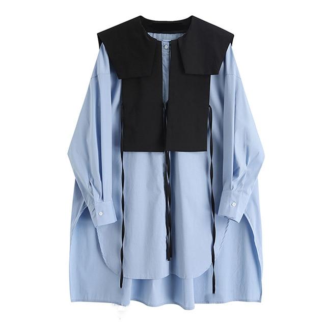 [EAM] Women Blue Split Big Size Long Blouse New Round Neck Long Sleeve Loose Fit Shirt Fashion Tide Spring Autumn2020 1X740