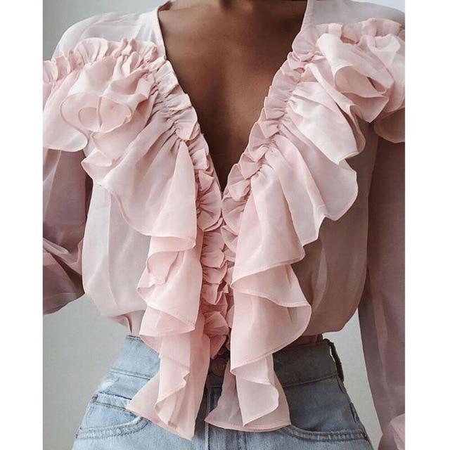 Summer Women Elegant Chiffon Shirt Female Stylish Flounce Top Solid Color V-Neck Sun protection long-sleeved fairy Blouse