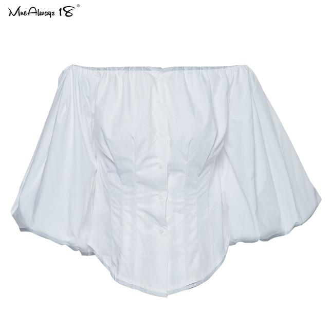 Mnealways18 Lantern Sleeve Elegant Khaki Blouse Women Sexy Party Off Shoulder Top Ladies White Black Shirt Cotton Bodycon Blouse