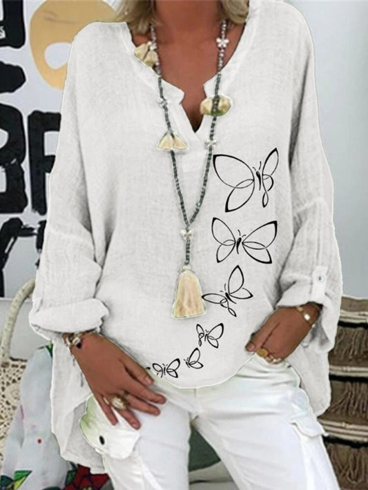 Large size loose cotton women blouses 2020 autumn blouses tops casual V-neck long sleeve printed women shirt