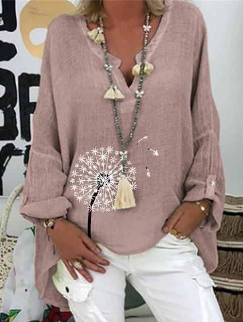 Large size loose cotton women blouses 2020 autumn blouses tops casual V-neck long sleeve printed women shirt