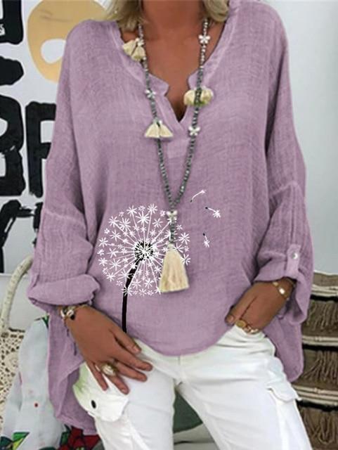 Large size loose cotton women blouses 2020 autumn blouses tops casual V-neck long sleeve printed women shirt