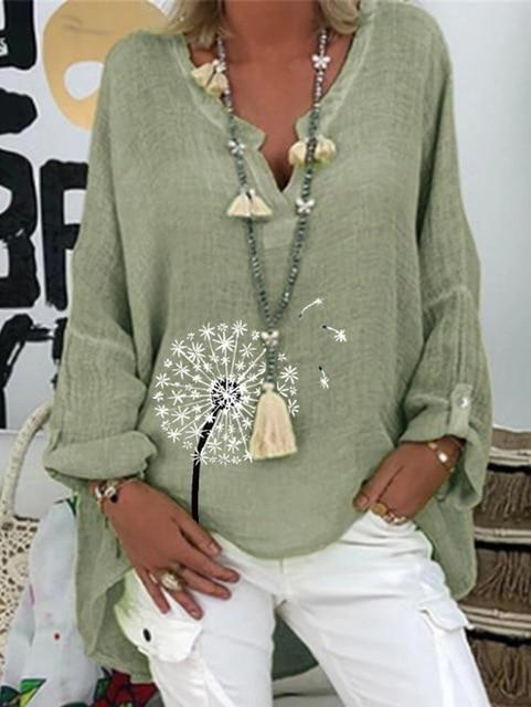 Large size loose cotton women blouses 2020 autumn blouses tops casual V-neck long sleeve printed women shirt