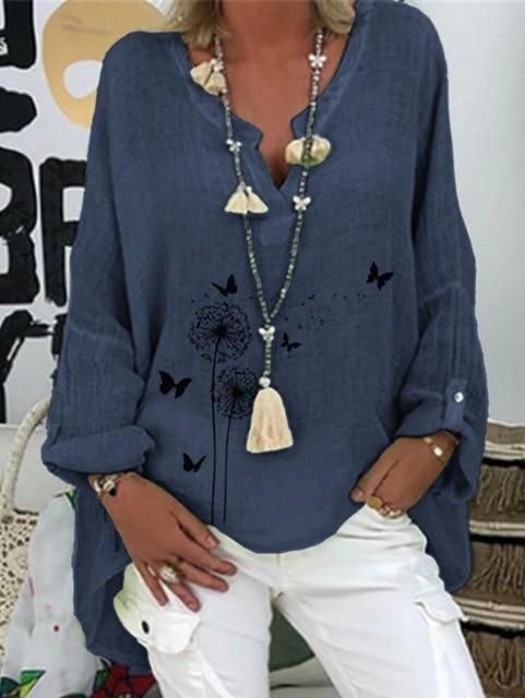 Large size loose cotton women blouses 2020 autumn blouses tops casual V-neck long sleeve printed women shirt