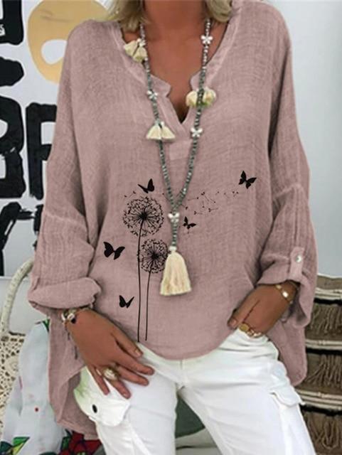 Large size loose cotton women blouses 2020 autumn blouses tops casual V-neck long sleeve printed women shirt