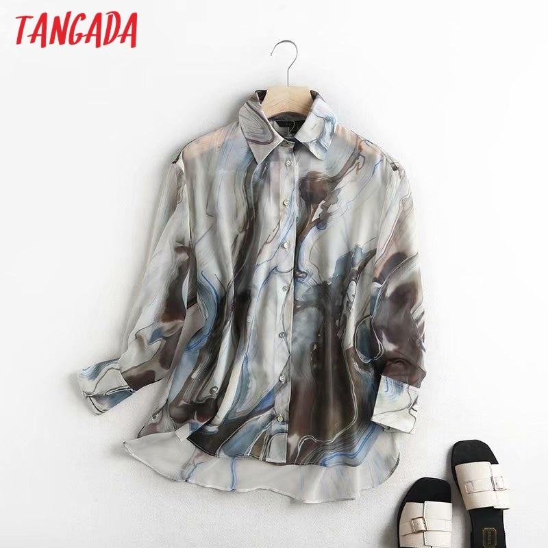 Tangada 2020 autumn women elegant panting print shirts long sleeve elegant office ladies work wear blouses 4C28