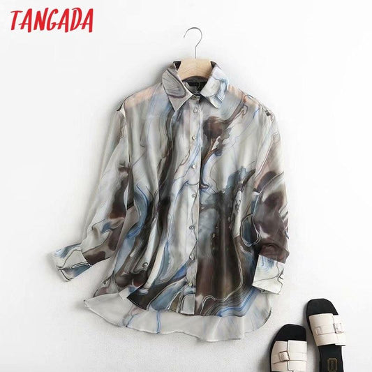 Tangada 2020 autumn women elegant panting print shirts long sleeve elegant office ladies work wear blouses 4C28