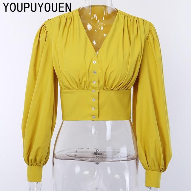 Women Lantern Long Sleeve Blouse Crop Top V-neck Casual Party Elegant Shirt Woman Fashion Clothes Summer Yellow Short Blouses