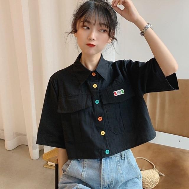 Women's Shirt Harajuku Short Sleeve Polo топ Collar Casual Cotton Preppy Top Girls Fashion Letter Embroidery Blusas Femininas